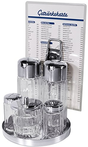 Menage, 5-teilig, aus Edelstahl 18/10, mit schweren und geriffelten Glaseinsätzen für Essig & Öl, Senf, Salz & Pfeffer/Höhe: 16,5 cm | ERK