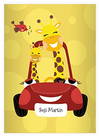 Kartenkaufrausch 8 personalisierte, Fröhliche Giraffen DIN A4 Schulhefte, Schreibhefte mit Comic Giraffen im Auto in gelb Lineatur 25 (liniertes Heft)