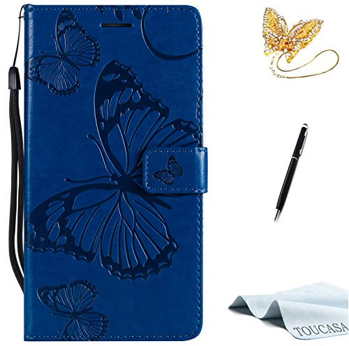 TOUCASA Huawei P10 Lite Handyhülle,Huawei P10 Lite Hülle, Brieftasche flip PU Leder ledercaseHülle Kartenfächer [3D Butterfly] [3D Schmetterling] Embossed Technology für Huawei P10 Lite-（Blau）