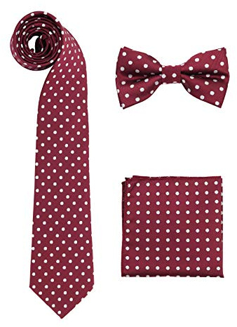 WANYING Hombre 8cm Corbata & Pajaritas & Pañuelo de Bolsillo 3 en 1 Set Casual Business - Lunares Burdeos Rojo