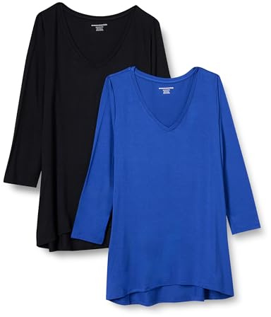 Amazon Essentials Camiseta de Manga 3/4 con Cuello en Pico (Disponible en Tallas Grandes) Mujer, Pack de 2
