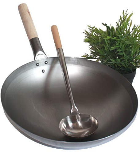 AAF Nommel ®, WOK SET, Pfanne 30 cm Ø runder Boden Carbon Stahl für Gasherd und Induktion Mulde + Wok Kelle Edelstahl 44 cm lang mit Holzgriff