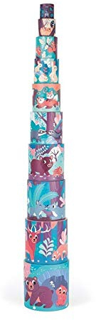 Janod - Pirámide Redonda Animales del Bosque - Juguete de Estímulo para Bebés - Juguete para Apilar y Encajar Aprender Las Nociones de Tamaño y Los Números - A Partir de 1 Año, J02670