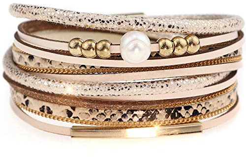 Suyi Lederarmband für Frauen Leopard Multilayer Wickelarmband Boho Geburtstagsgeschenk Leopard Khaki