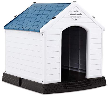 DREAMADE Hundehütte Hundehaus aus Kunststoff, Wetterfeste Hundehöhle für Indoor & Outdoor, Tierhaus mit Erhöhter Bodenplatte (M)