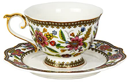 ACMLIFE Bone China Tea Cup and Saucer Set for 1, Vintage Floral Tea Cup with Saucer, Spoon and Gift Box, 6.8 oz