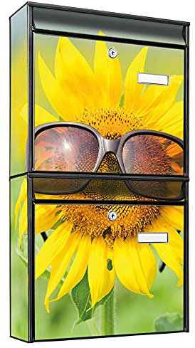 banjado Briefkastenanlage 2 Fach - 2 Briefkästen 36x64x10cm groß - Doppelbriefkasten Set - Namensschild, 2 Schlüssel, Montagematerial - Stahl verzinkt schwarz - Motiv Sunny