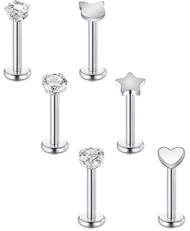 Briana Williams 6stk Tragus Piercing Lippenpiercing Labret Stecker Chirurgenstahl Silber 16G 6/8/10mm Stab mit Zirkonia Helix Ohr Piercing
