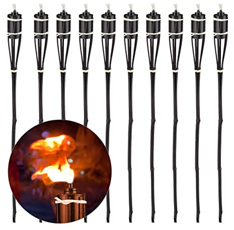 Relaxdays Gartenfackel 10er Set, Feuerfackel Bambus, HxD: 90 x 6 cm, nachfüllbare Ölfackel mit Ersatzdocht, dunkelbraun