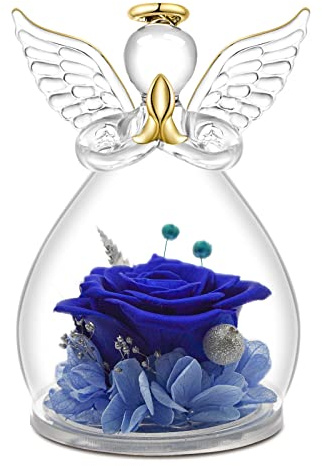 Qinqinxin Geschenk für Mama Oma, Ewige Rose Kuppel Glas Engel, Handgefertigte Ewige Blume Engel Figur, Originelles Geburtstagsgeschenk Geschenk für Sie Valentinstag (Blue)