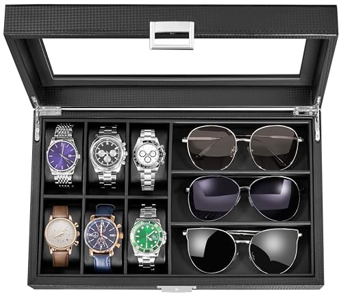 BEWISHOME Uhrenbox mit 6 Schlitzen und 3 Schlitzen, Sonnenbrillen-Box für Herren, Sonnenbrillen-Aufbewahrung mit großem Glasdeckel, Schmuckschatulle für Männer und Frauen, Schwarz SSH18C