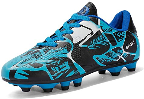 Boys Football Boots Kids Junior Soccer Athletics Training Shoes Teenager Lace Up Soccer Cleats Shoes Breathable Comfortable Outdoor Sneakers for Little Kid/Big Kid Blue