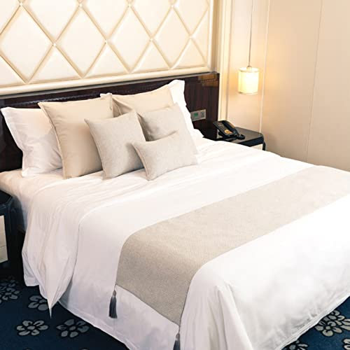 Beige Baumwollmischung Bettläufer mit Quaste, einfarbig, doppelseitig, Tagesdecke, Bettschal, Überwurf, Bett, dekorative Decke für Schlafzimmer, Hotel, Hochzeitszimmer, 45 x 240 cm