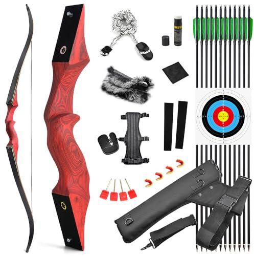 SHARROW 60 Zoll Bogenschießen Takedown Recurve Bogen und Pfeile Set Traditioneller Jagdbogen Erwachsener Holz Bogen Griff 20-60lbs Longbogen für Rechtshand Bogensport (20lbs, Rot Set)