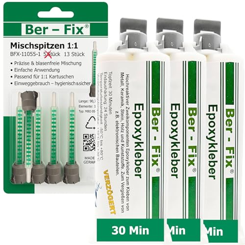 Ber-Fix 2K Epoxidkleber 30 Min 3x50g + 13 Düsen lange Verarbeitungszeit | 2K Epoxidkleber 30 Min 3x50g + 13 Mischdüsen lange Verarbeitungszeit: 2K Epoxidkleber für starre