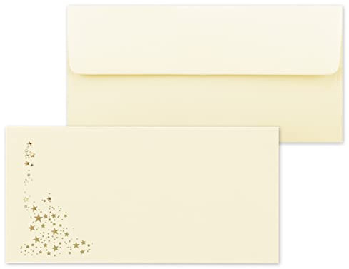 25x Briefumschläge mit Metallic Sternen - DIN Lang - Gold geprägter Sternenregen - Farbe: creme - Vanille, Haftklebung, 100 g/m² - 110 x 220 mm - ideal für Weihnachten