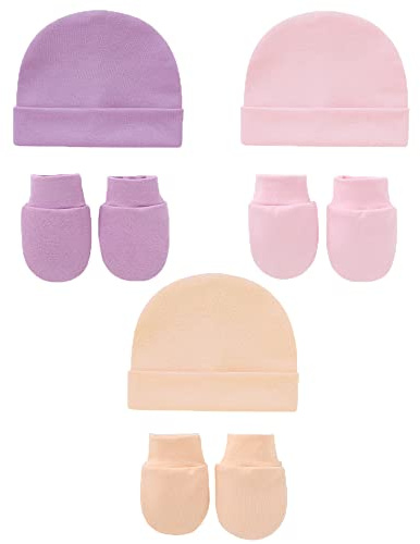 Snegyu Gorro de hospital de algodón para recién nacido, gorro y manoplas antiarañazos, para bebés recién nacidos de 0 a 3 meses, gorro y guantes esenciales, 6 piezas