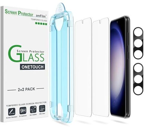 amFilm Auto-Alignment OneTouch für Samsung Galaxy S23 5G Schutzfolie | Härte 9H mit Kameraobjektivschutz aus Gehärtetem Glas, Einfachste Installation und Blasenfrei 2+2 Stück