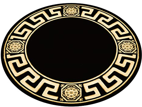 Belle Arti Runder Teppich Wohnzimmer Schlafzimmer Flur Mäander Muster Kurzflor 150 Durchmesser in schwarz Gold - rutschfest weich antiallergisch 100% Viskose - 150 cm, Rund