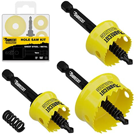 3 x SabreCut HSMK3A 20mm 25mm 32mm High Performance Thin Wall Sheet Steel Hole Saw Kits Feature Steel Body and HSS M42 Cobalt Arbour with Progressive Tooth Profile for Wood, Plastic and Steel