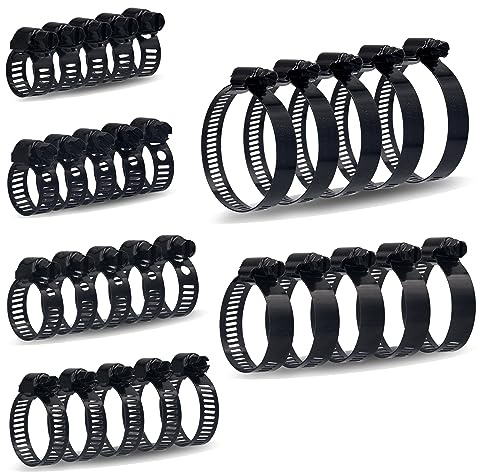 ISPINNER 30 Stück schwarze Schlauchschellen, 6–51 mm, verstellbarer Bereich, 304 Edelstahl, Schneckengetriebe, Schlauchschellen, 6 Größen, Sortiment-Set für Sanitär, Automobil, mechanische Anwendungen