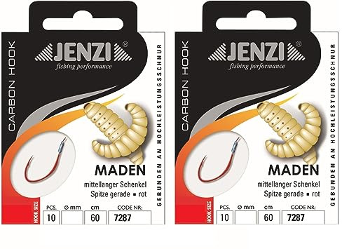 Set: 2 Packungen gebundene Maden-Haken von Jenzi, (20 Stück) an Mono Schnur 60cm Hakengröße 10, 12, 14 & 16 Vorfach fertig + gratis Petri Heil! Aufkleber