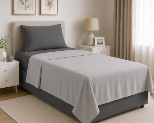 Set Lenzuola Una Piazza e Mezza 3 Pezzi in Pile Termico - Sopra 180x280, Sotto con Angoli 140x200+25 e 1 Federa 50x80 - Completo Letto Invernale (Grigio Chiaro/Grigio Scuro, Una Piazza e Mezza)