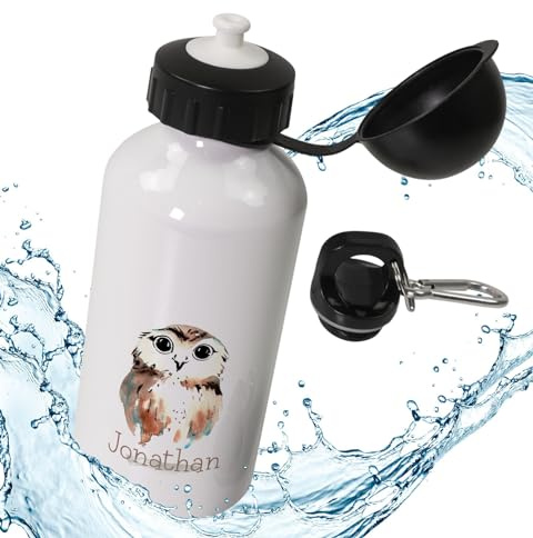 timalo® Aluminium Trinkflasche für Kinder personalisiert mit Namen | auslaufsichere Alu Sportflasche Kindergarten mit Tieren Geschenk für Jungen und Mädchen 400mLB3 | 23-Eule