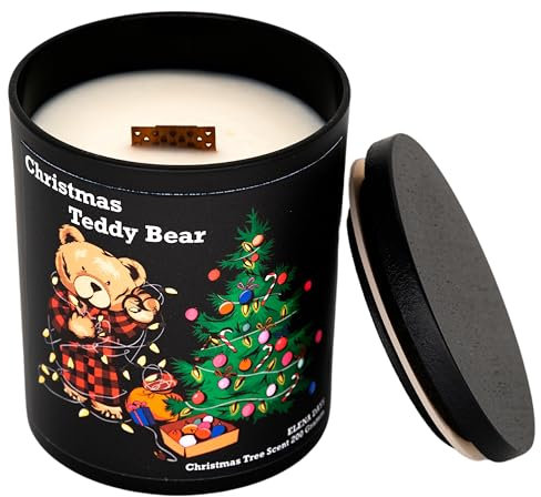 Elena Days Duftkerze Christmas Tree Teddy Bear, Winter Kerze, Sojawachs, Holzdocht, 200g, Handgefertigt, Brenndauer bis zu 60h, Tannennadeln Duft, Kerze schwarz