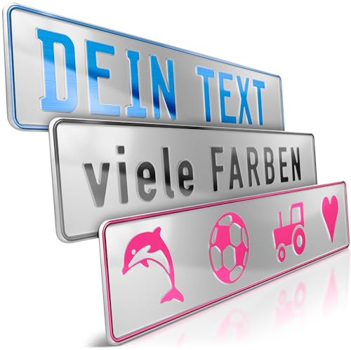 1 Fun-Schild geprägt | Metallic Silber mit Wunschtext bis zu 16 Zeichen | Individuelles Fun-Kennzeichen aus Aluminium | Namensschild | Auto-Kennzeichen | Optional Löcher & Saugnäpfe