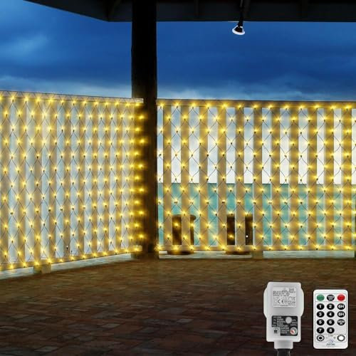 CORST 4.5X1.5M 200LED Lichternetz Außen für Büsche mit Stecker, Mesh Lichterkette Netz Baum Garten Außen Lichterkette, Grüner Draht,mit Fernbedienung und Timer 8Modi für Zimmer(Warmweiss)