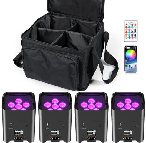 U`King 4er 108W RGBWA+UV Akku LED Par Scheinwerfer Wiederaufladbarer mit Tasche und Fernbedienung, APP/DMX partylicht Bühnenlicht für DJ disco Bar KTV Hochzeit