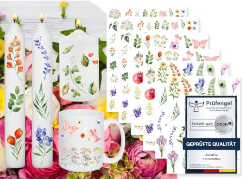 Sugeru 6 PCS Kerzentattoo (200+ Muster),Wassertransferdruck |wasserschiebefolie kerzen | Kerzenfolie | kerzenaufkleber sticker | Kerzen dekorieren (Aquarell Blumen)