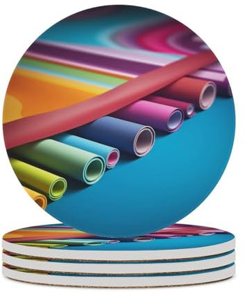 Bunte Papierrollen-Untersetzer, saugfähig, Keramik-Stein, Getränkeuntersetzer mit Halter, Keramik-Untersetzer mit Korkboden, 10,2 cm, Tischschutzmatte für Heimdekoration, Küche, Bar
