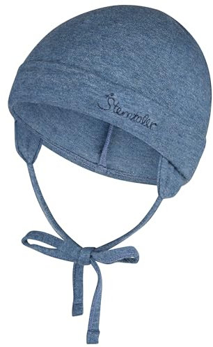 Sterntaler OCS Beanie mit Umschlag – Mütze aus Melange-Singlejersey (Bio) mit Ohrenklappen, Bindeband & Stickmotiv – Unisex Baby Übergangsmütze – Tintenblau, Gr. 37