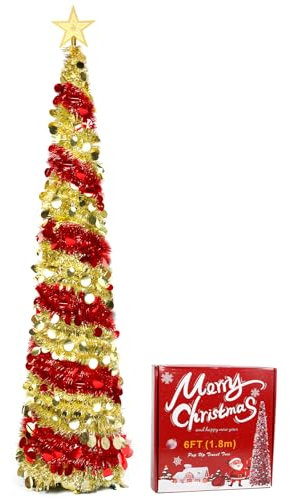 Árbol de Navidad Artificial de 180 cm, con Estrella y Soporte Estable, Lentejuelas Montaje rápido, Plegable, para casa, Chimenea, Oficina, Tienda, Hotel Decoración, Rojo