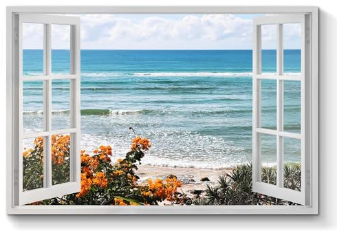 TAR TAR STUDIO Open Window Beach Wall Art: Seaside Flowers Canvas Picture Wave Seascape Artwork Nature Coastal Themed Prints for Living Room Bedroom