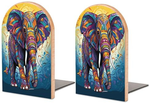Robuste Buchstützen, buntes Elefanten-Druck, Holz-Buchstütze, dekorative Buchstützen, rutschfeste Buchstütze für Regale (1 Paar)