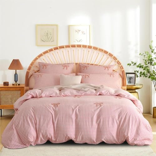 Freyamy Tuftée Housse de Couette 200x200cm à Carreaux Rose Broderie Parure de Lit 2 Personnes Adulte Ado Filles Shabby Chic Linge de lit avec Fermeture Éclair et 2 Taies d'oreiller 65x65cm
