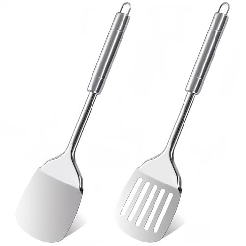 2 Stück Edelstahl Spatel Set Hitzebeständig Küchenutensilien Pfannenwender Edelstahl Solider Pfannenwender Metall Kochutensilien Mit hängenden Geeignet für Restaurants und Küchen