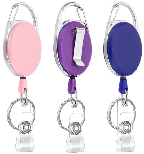 JEFURE 3pcs Retractable Badge Reel, Badge Holder, Extendable Id Card Holder, Lanyard Clip, Extendable Keyring with Clip, Heavy Duty Keychain, Fob Holder (Pink, Purple, Dark Blue)