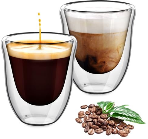AOOTE Tazza caffè Doppio Vetro Borosilicato, 2 Bicchieri Espresso Doppia Parete 220 ml, Tazze di Vetro per Latte Macchiato, Bicchiere Caffè Vetro per Tè, Latte, Cappuccino, Espresso, Succo