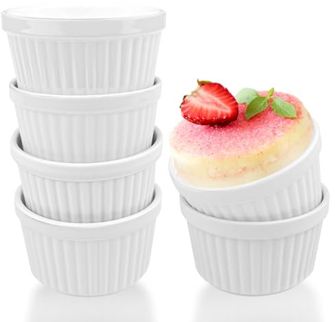 Comzantor Pirofila da Forno, 6 Pirottini Stampi per Ceramica, Mini Cocotte per Friggitrice ad Aria, Stampo Muffin, Cocotte per Budino, Soufflé, Gelati, per Forno ad Aria, Microonde, Bianco