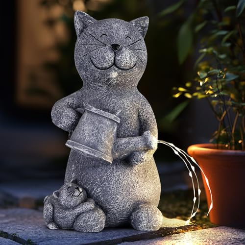 FUOBECIE Katze Gartenfiguren für Außen mit Solar Laterne Harz Statue mit Solar Laterne für Draußen Balkon Terrassen Geschenke für Frauen Männer Mama Geburtstag Grau (Katze)