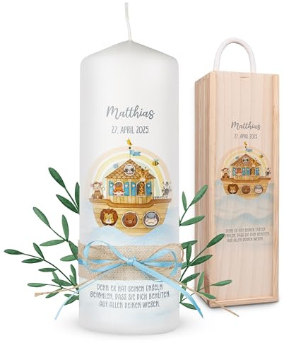 Lilletå ® Kommunionkerze Personalisiert Arche Noah H:25cm/⌀:8cm - Kerze für Junge/Mädchen - Selbst Gestalten