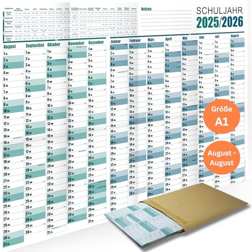 Wandkalender 2025 2026 - Schuljahresplaner 2025/2026 DIN A1 - Großer XXL Schuljahr Jahreskalender gefaltet - mit Feiertage und Schulferienübersicht - optimaler Jahresplaner für das Schuljahr 25/26