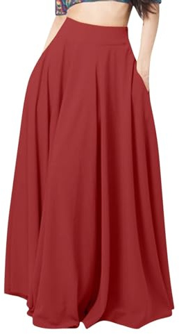 Plissé kjol flicka lång svart kjol dam lång maxikjol elastisk midja veckad kjol swing kjol längd enfärgad fritidskjolar elegant dam kjol sommarkjol med fickor strandkjol maxi kjol, röd, S