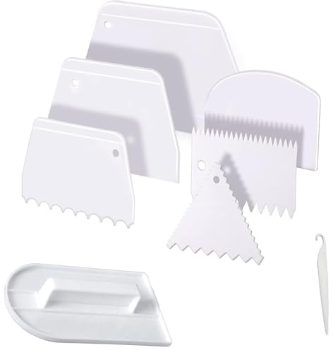 8 Pcs Cake Scraper Set Include White Scraper 6-piece Set and 1 Trowel,1 demoulding Knife White OPP Bag for Baking, Icing, and Fondant Smoothing