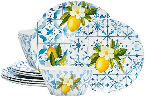 bzyoo Melamine Dinnerware12 Piece Outdoor Indoor Set, Lemon Tiles | Service for 4: dinner plates, salad plates and bowls. Lightweight, BPA-free, dishwasher safe