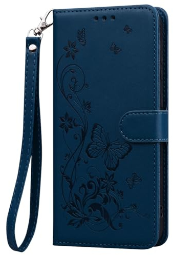 Ucikov Pochette en Cuir pour Samsung Galaxy A12 / M12,Étui Portefeuille à Rabat Smartphone avec Motif en Relief Papillon et Fleur Carte Bleue Fentes Fonction Debout Bourse Coque,Bleu foncé